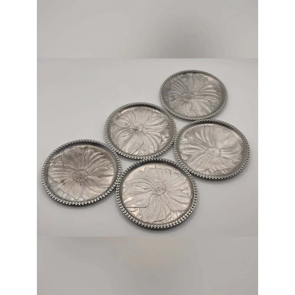 Set of 10 Vintage Floral Embossed Aluminum Metal Drink Coasters